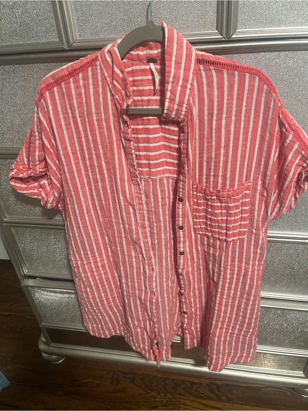 Free People Coral and White Long Striped Button-Down Shirt Cotton/Linen Blend